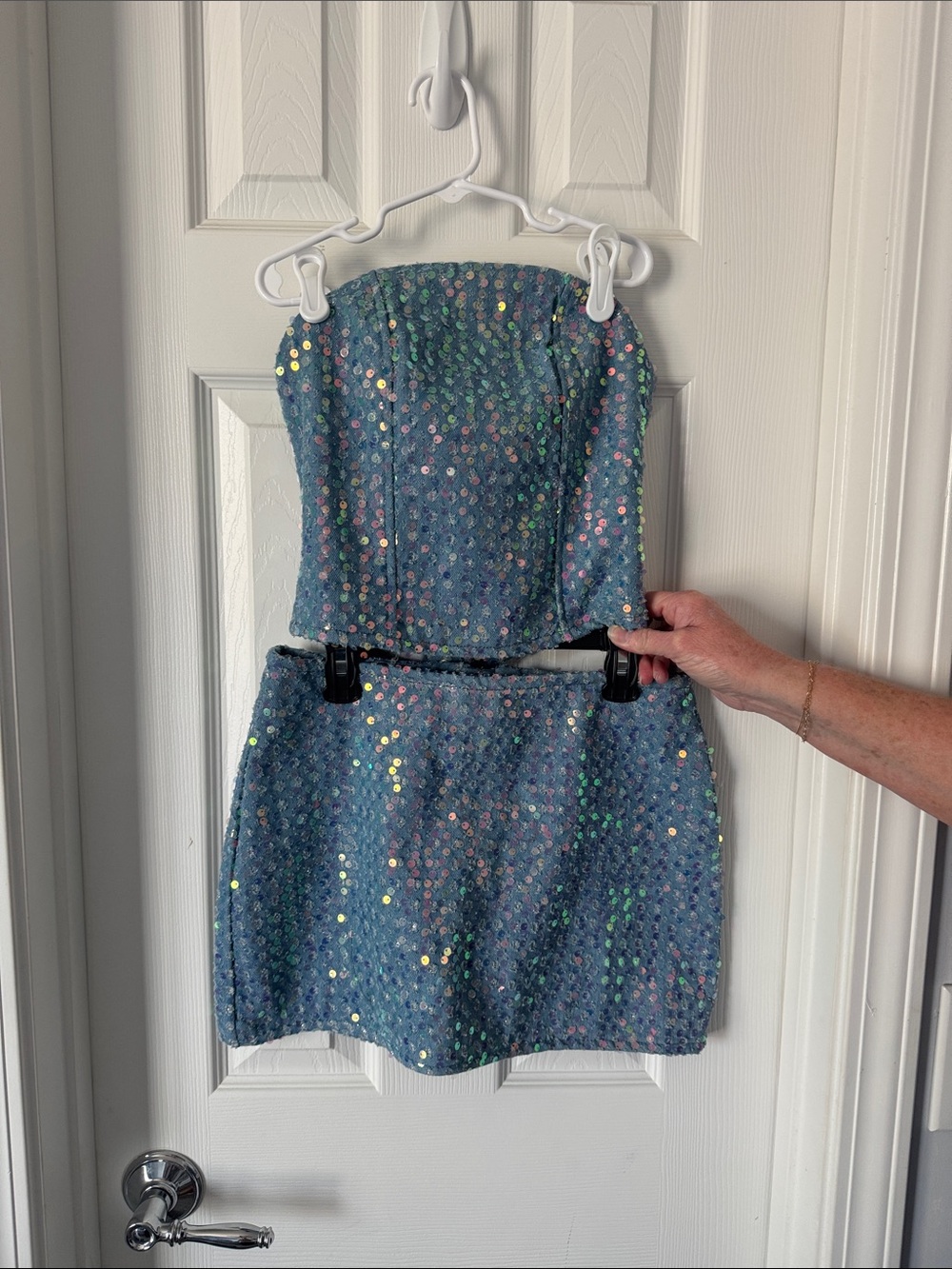 PrettyLittleThing Blue Sequin Two-Piece Crop Top and Mini Skirt